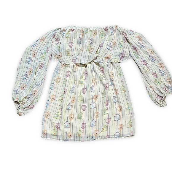 Judith March Birdcage‎ Print Off Shoulder Long Sleeve Mini Dress M - Picture 1 of 4